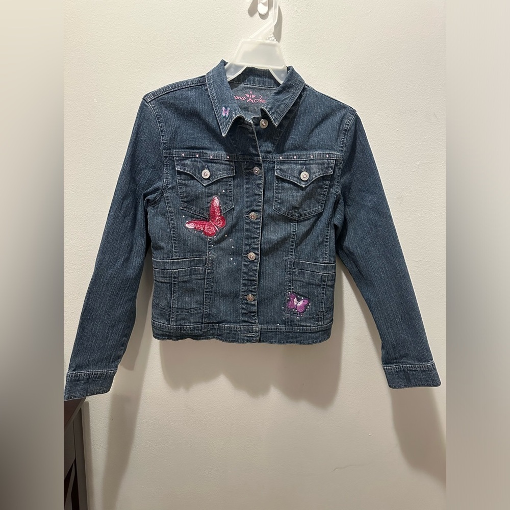 Y2K ARIZONA Denim Jean Jacket with Embroidered Butterflies Girls Size X-Large